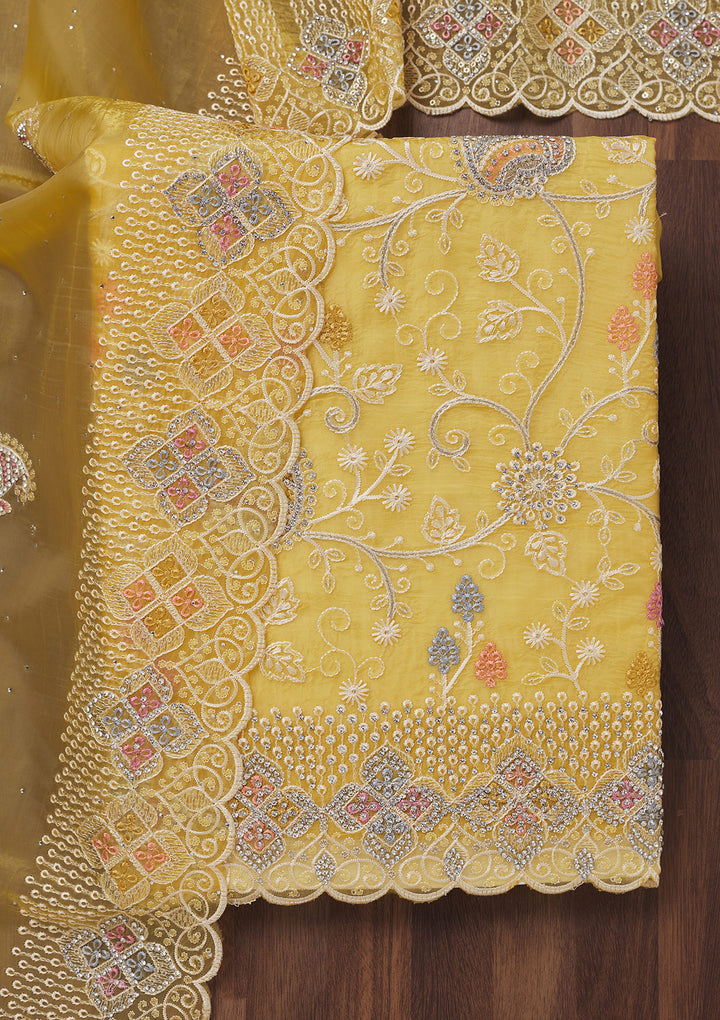Lemon Yellow Zariwork Semi Crepe Unstitched Salwar Suit