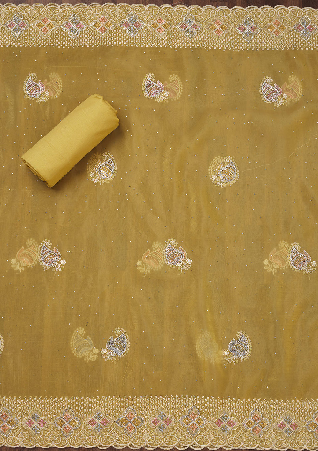 Lemon Yellow Zariwork Semi Crepe Unstitched Salwar Suit