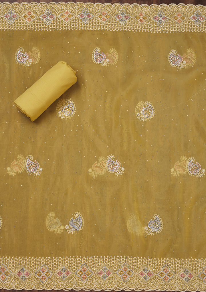 Lemon Yellow Zariwork Semi Crepe Unstitched Salwar Suit