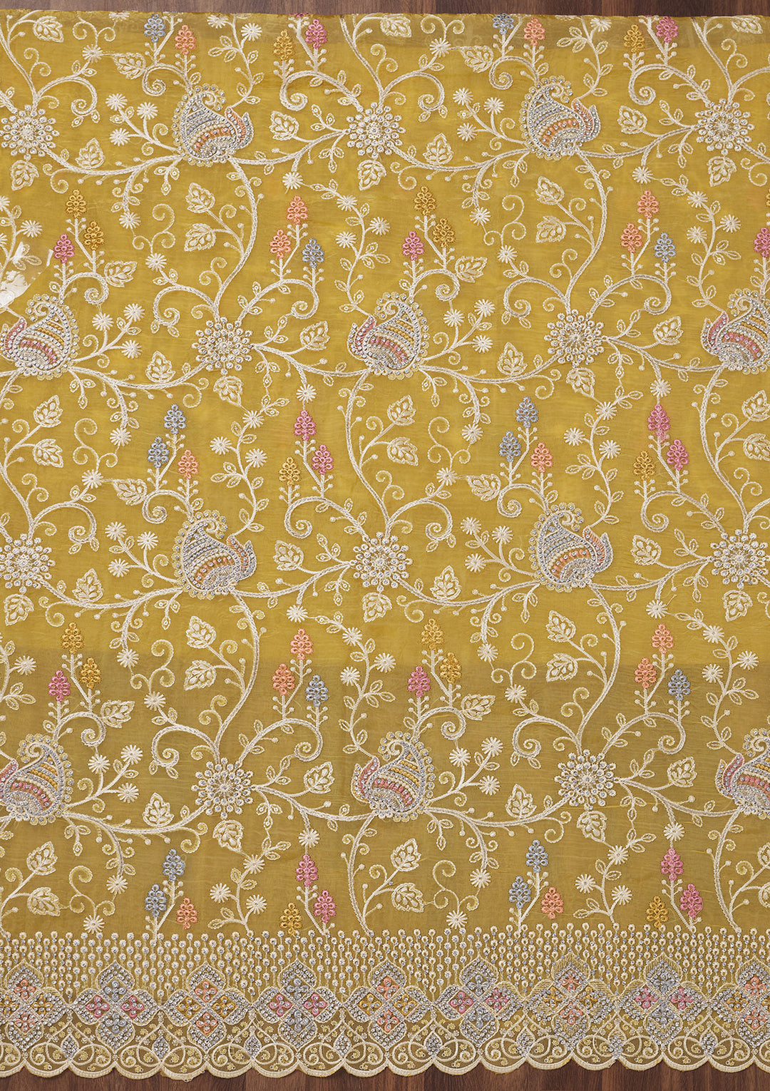 Lemon Yellow Zariwork Semi Crepe Unstitched Salwar Suit