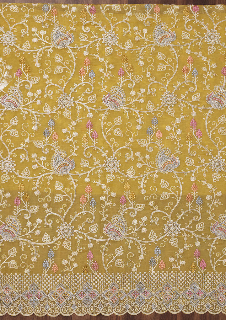 Lemon Yellow Zariwork Semi Crepe Unstitched Salwar Suit