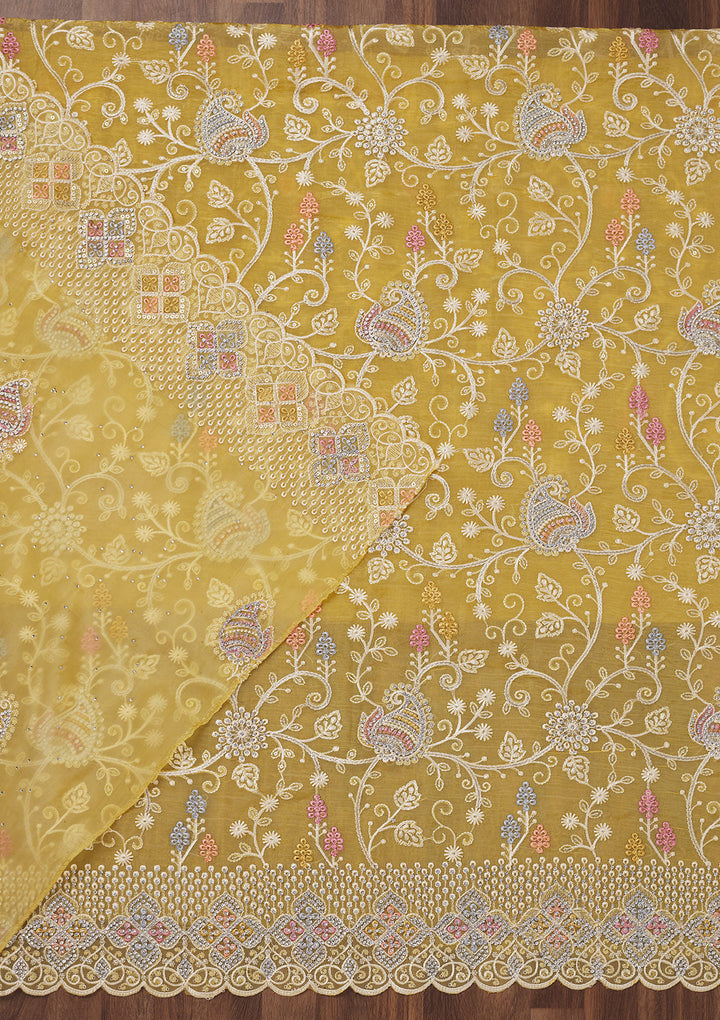 Lemon Yellow Zariwork Semi Crepe Unstitched Salwar Suit