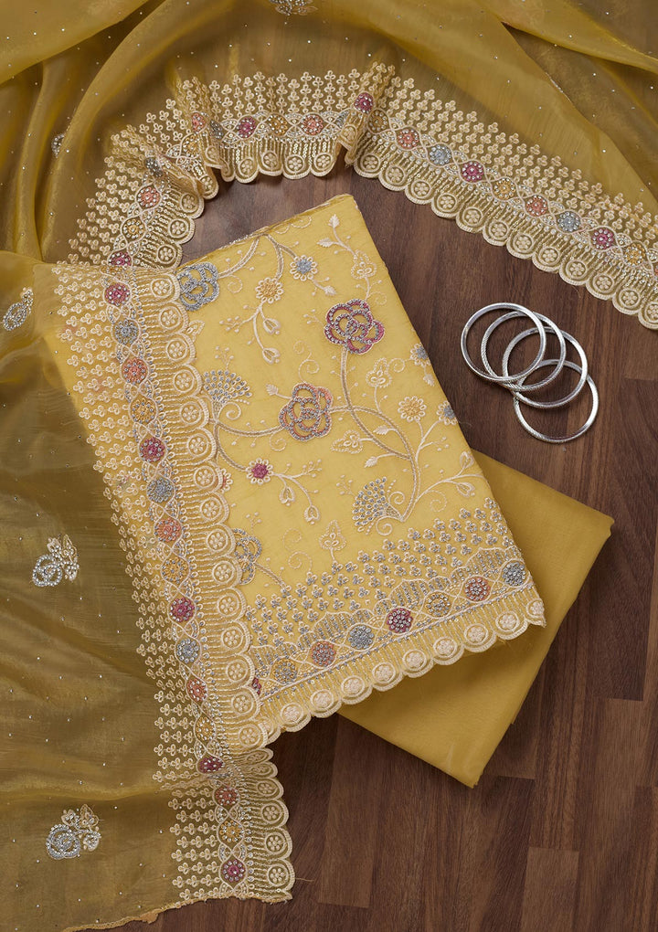 Lemon Yellow Zariwork Semi Crepe Unstitched Salwar Suit