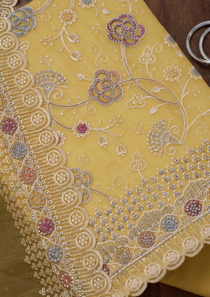 Lemon Yellow Zariwork Semi Crepe Unstitched Salwar Suit