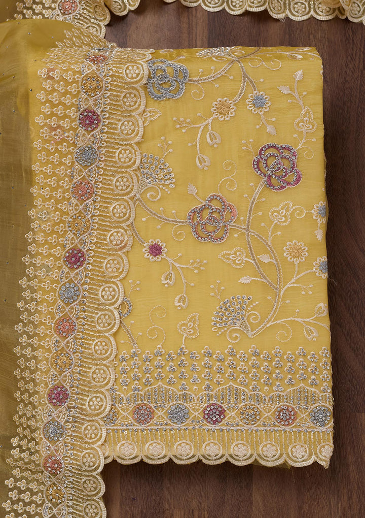 Lemon Yellow Zariwork Semi Crepe Unstitched Salwar Suit