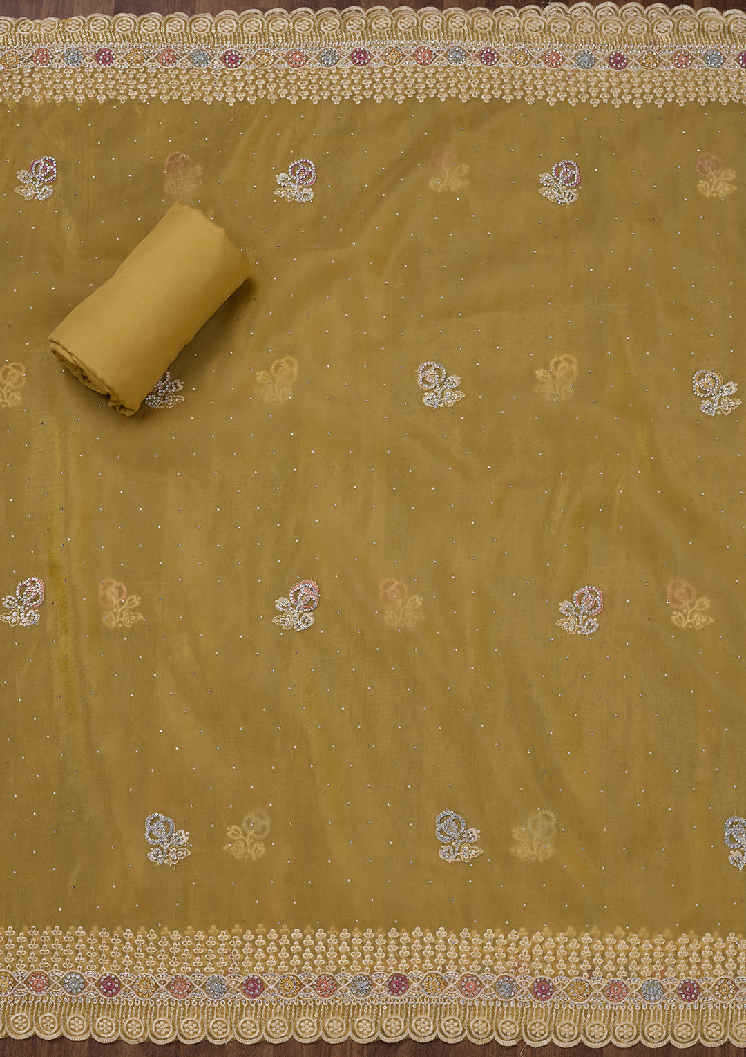 Lemon Yellow Zariwork Semi Crepe Unstitched Salwar Suit