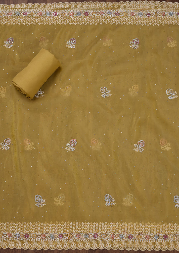 Lemon Yellow Zariwork Semi Crepe Unstitched Salwar Suit