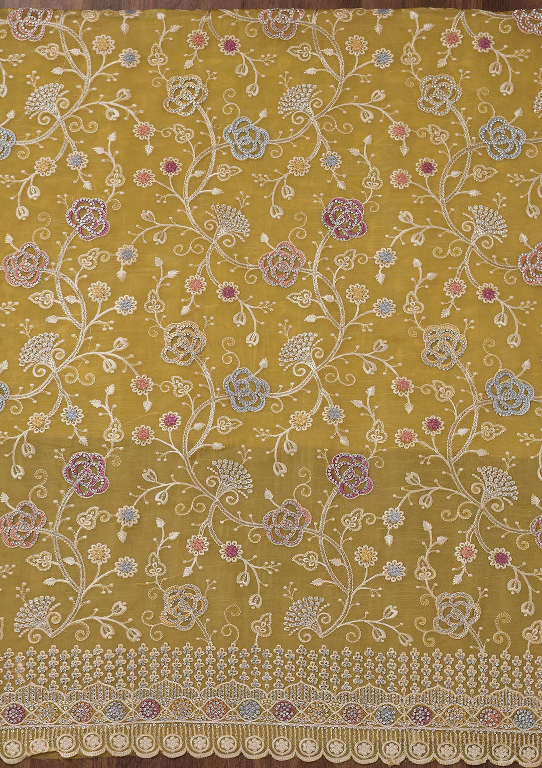 Lemon Yellow Zariwork Semi Crepe Unstitched Salwar Suit