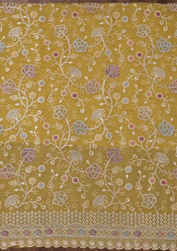 Lemon Yellow Zariwork Semi Crepe Unstitched Salwar Suit