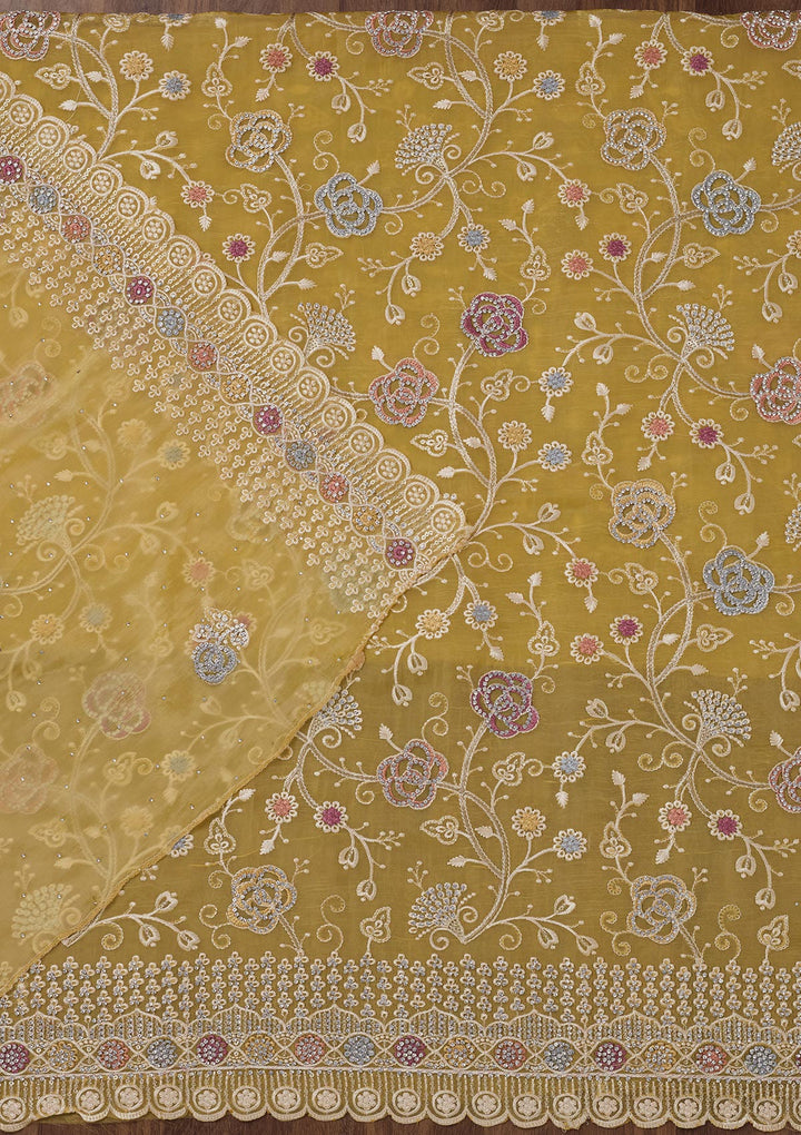 Lemon Yellow Zariwork Semi Crepe Unstitched Salwar Suit