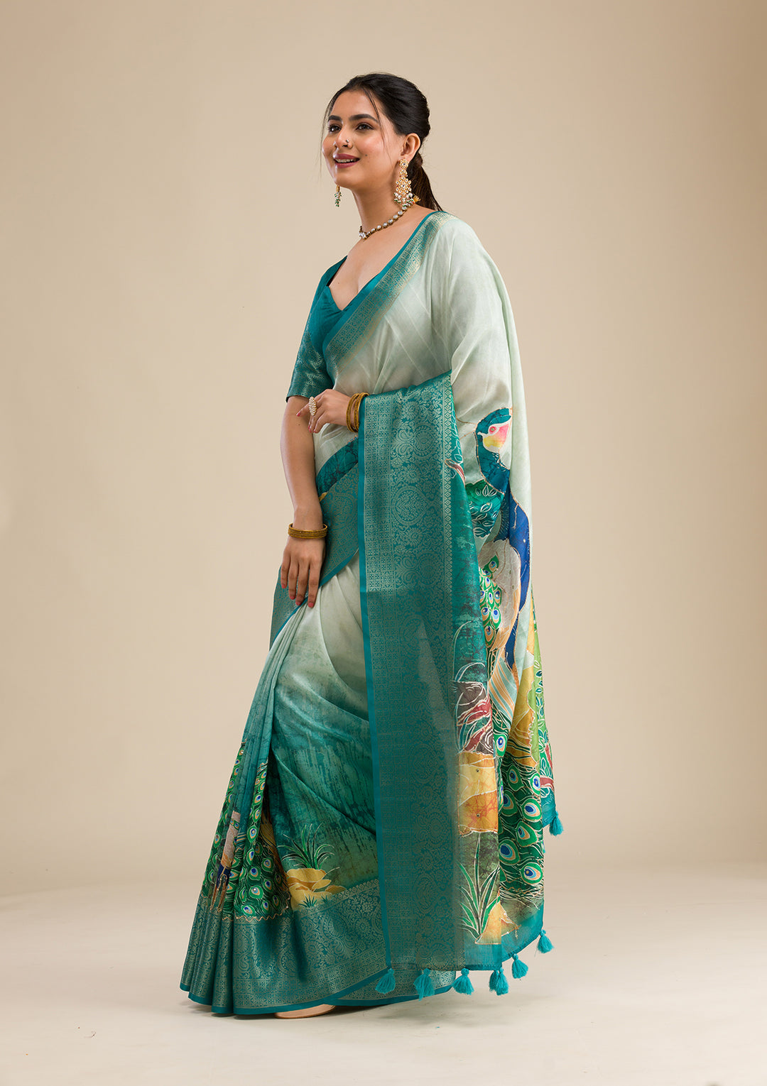 Green Printed Art Silk Saree