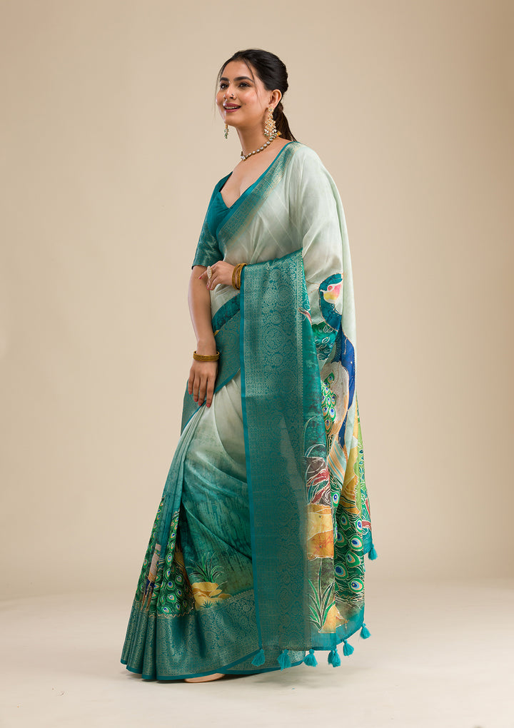 Green Printed Art Silk Saree