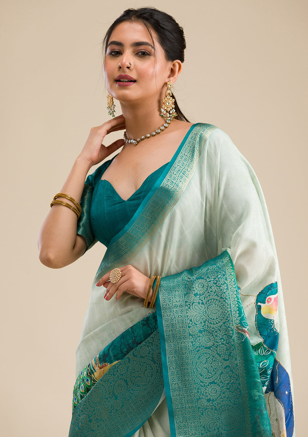 Green Printed Art Silk Saree