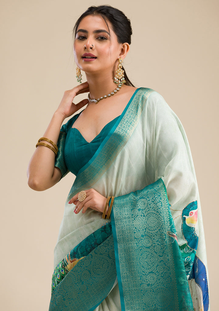 Green Printed Art Silk Saree