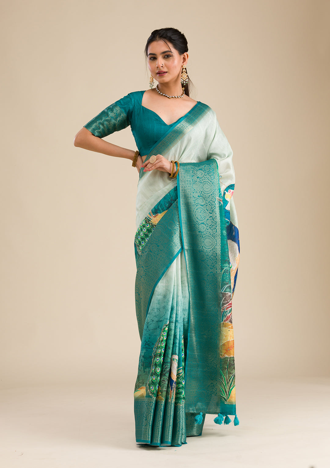 Green Printed Art Silk Saree