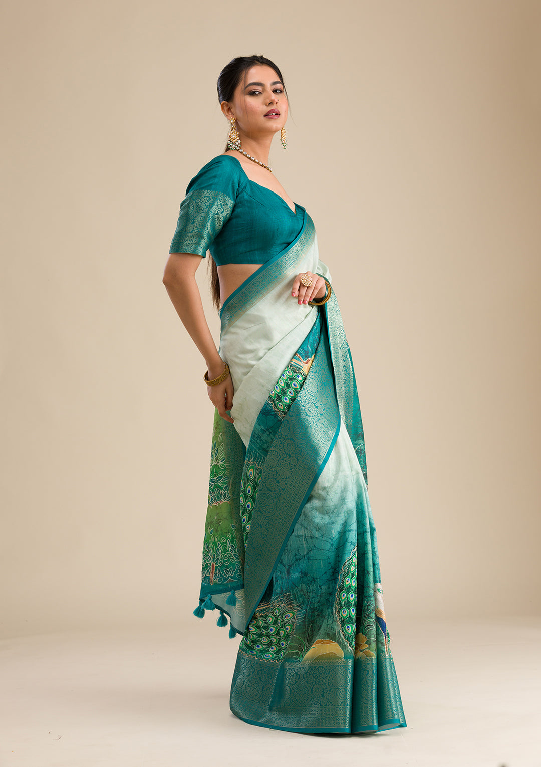 Green Printed Art Silk Saree