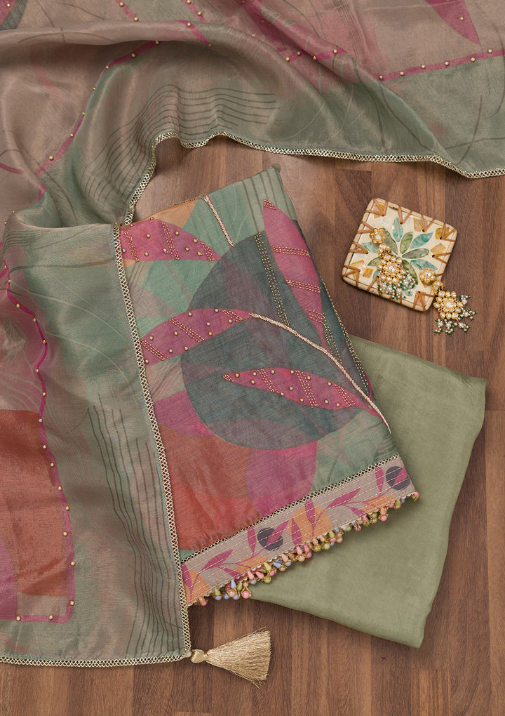 Green Printed Semi Crepe Unstitched Salwar Suit