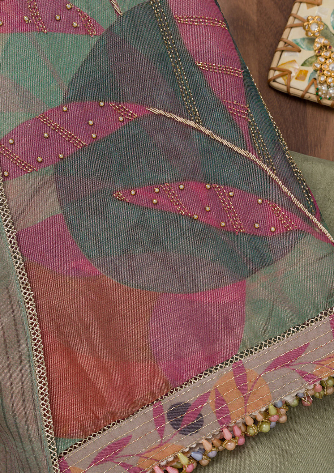 Green Printed Semi Crepe Unstitched Salwar Suit