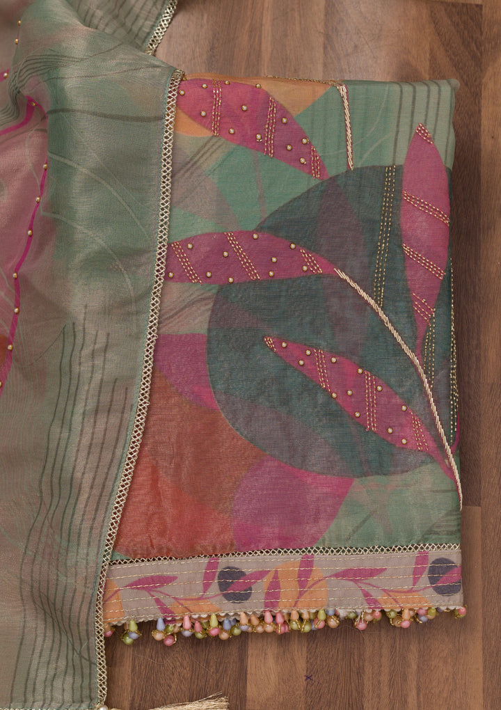 Green Printed Semi Crepe Unstitched Salwar Suit