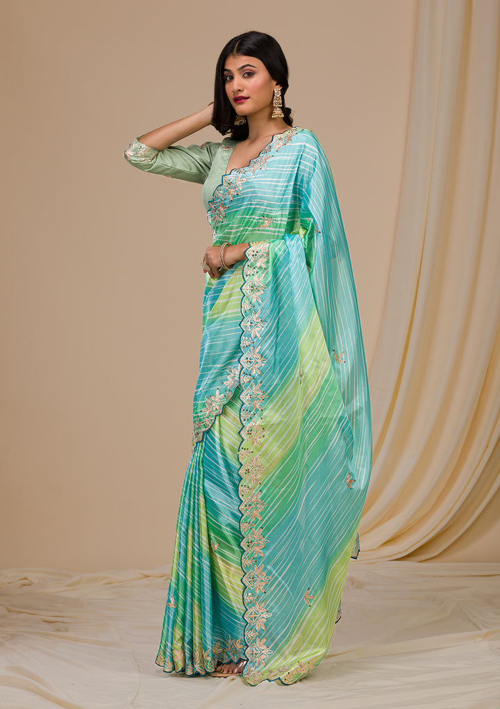 Green Printed Semi Crepe Saree