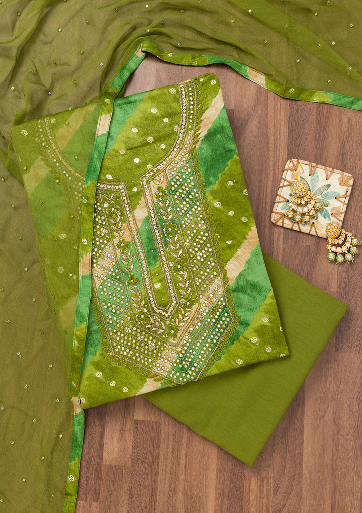 Green Printed Soft Silk Unstitched Salwar Suit