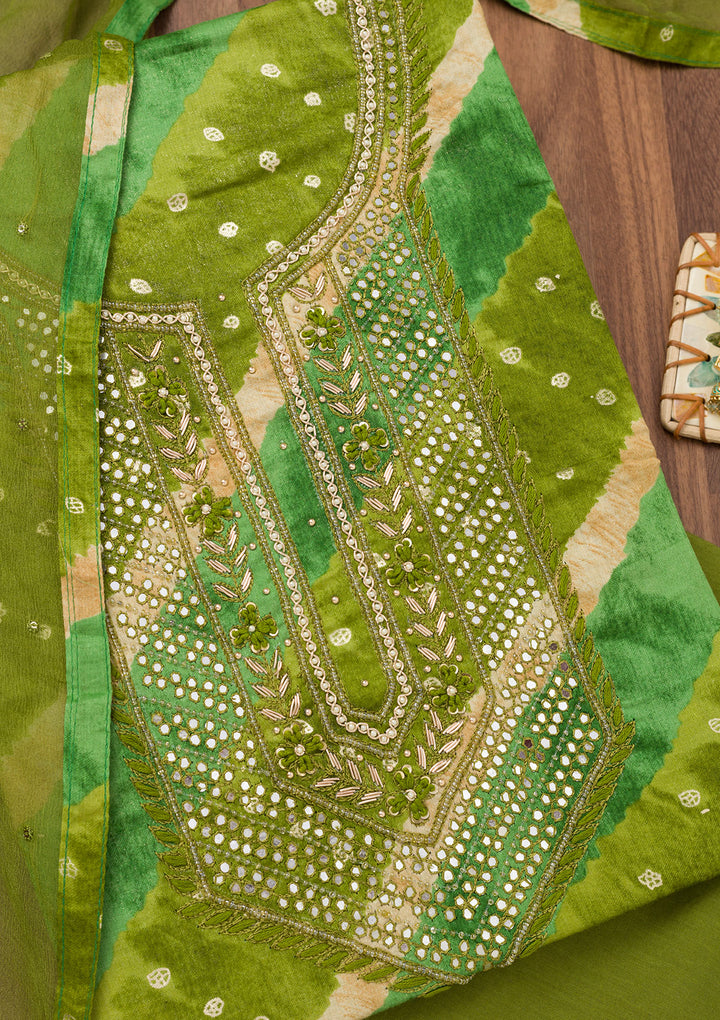Green Printed Soft Silk Unstitched Salwar Suit