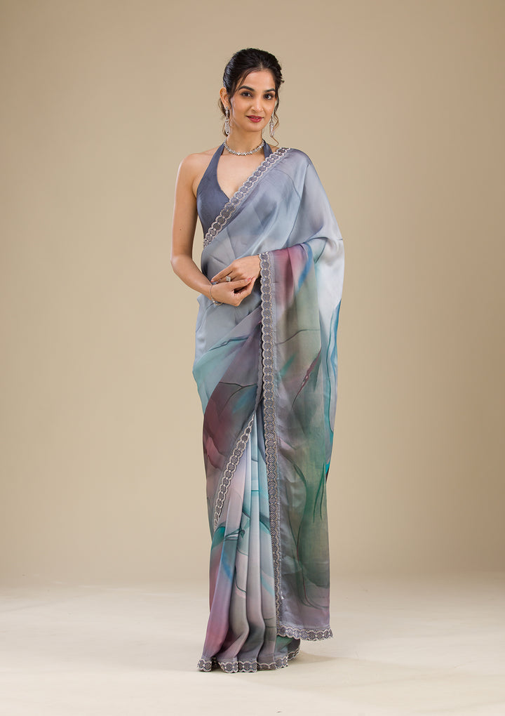 Blue Stonework Satin Saree