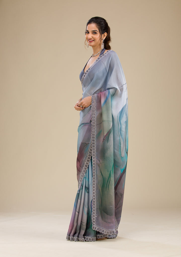 Blue Stonework Satin Saree