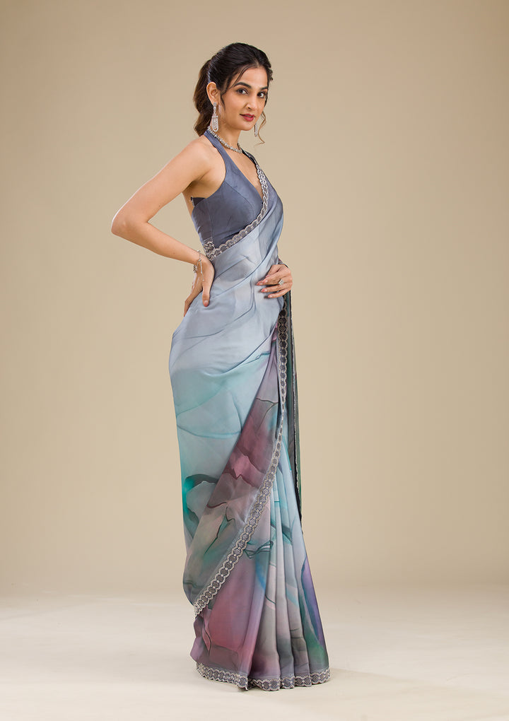 Blue Stonework Satin Saree