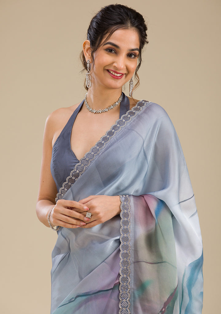 Blue Stonework Satin Saree