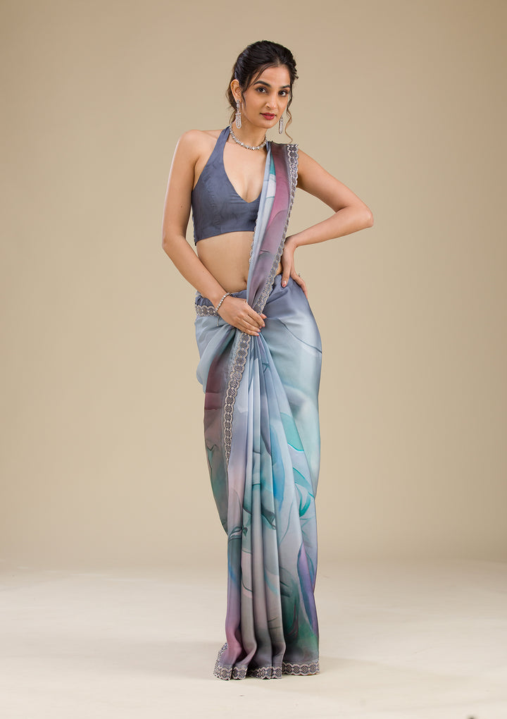 Blue Stonework Satin Saree