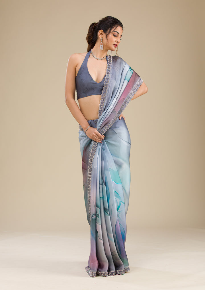 Blue Stonework Satin Saree