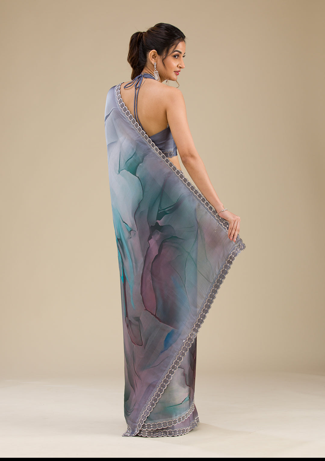 Blue Stonework Satin Saree