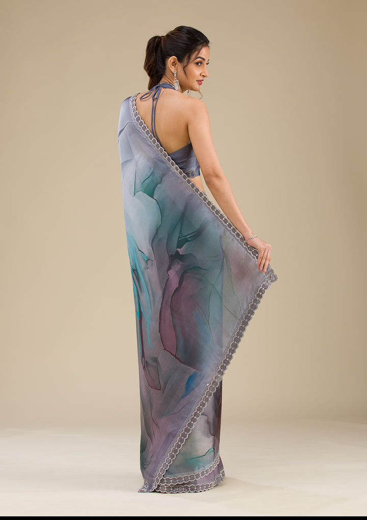 Blue Stonework Satin Saree