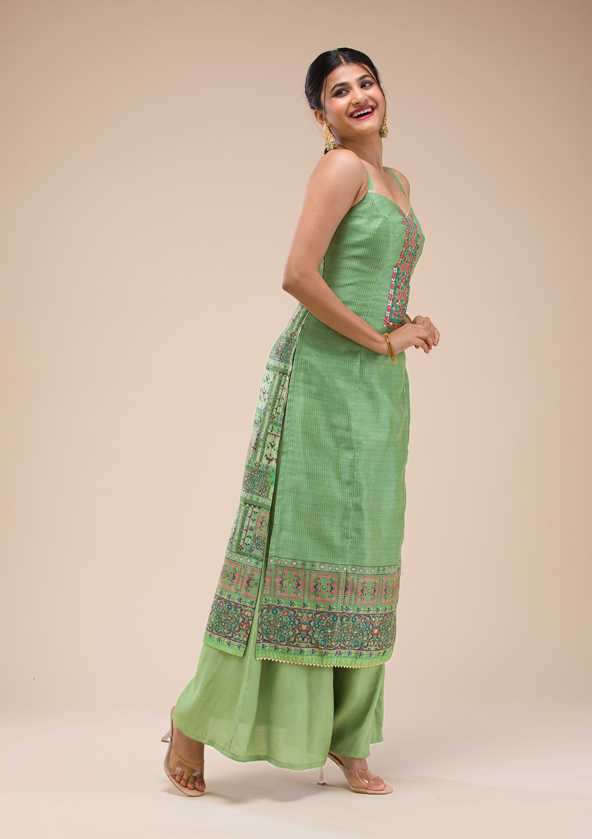 Green Threadwork Chanderi Readymade Salwar Suit