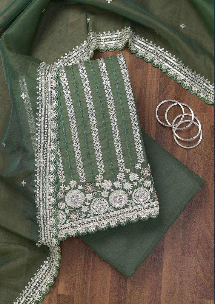Green Threadwork Tissue Unstitched Salwar Suit