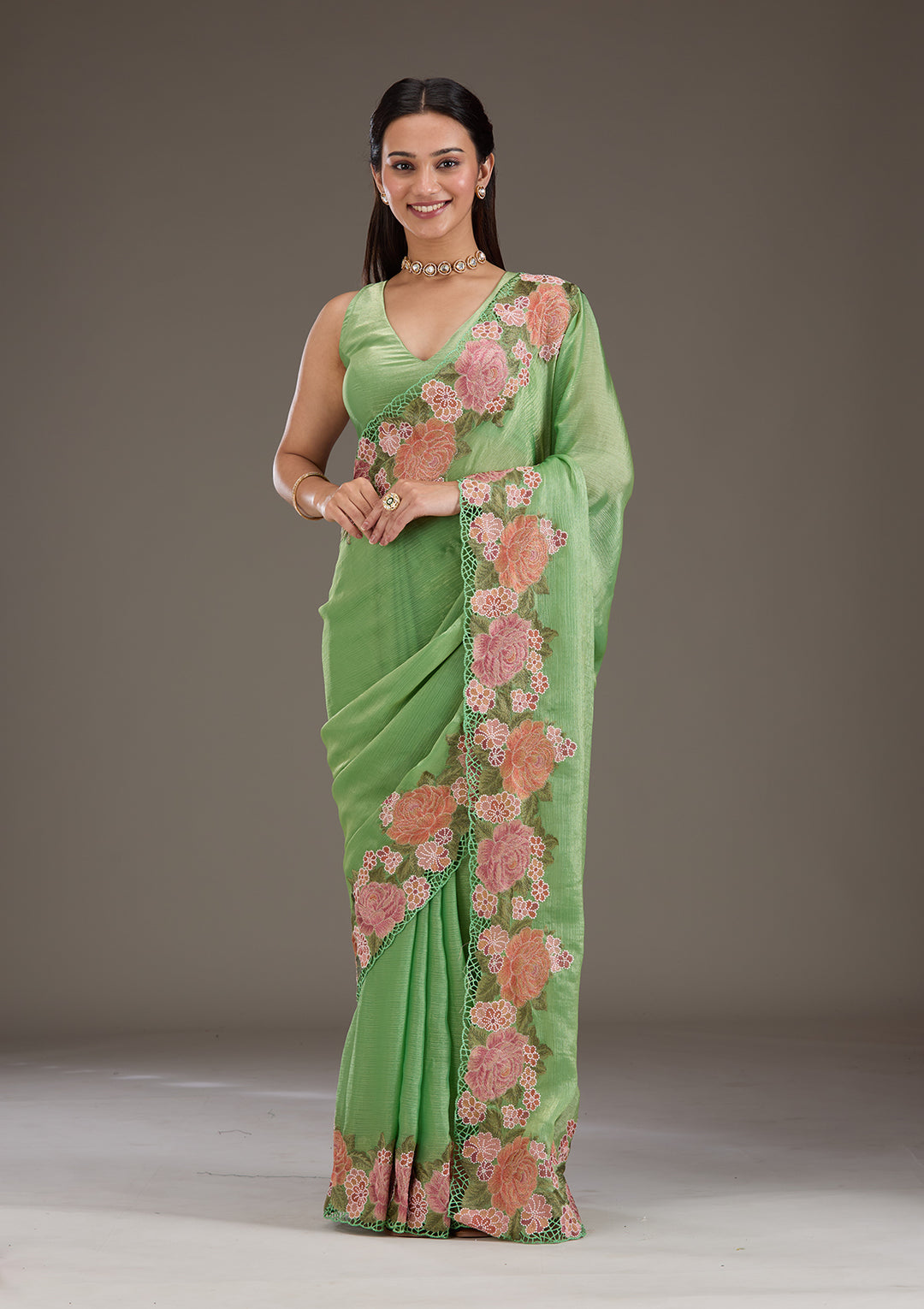 Green Threadwork Tissue Saree