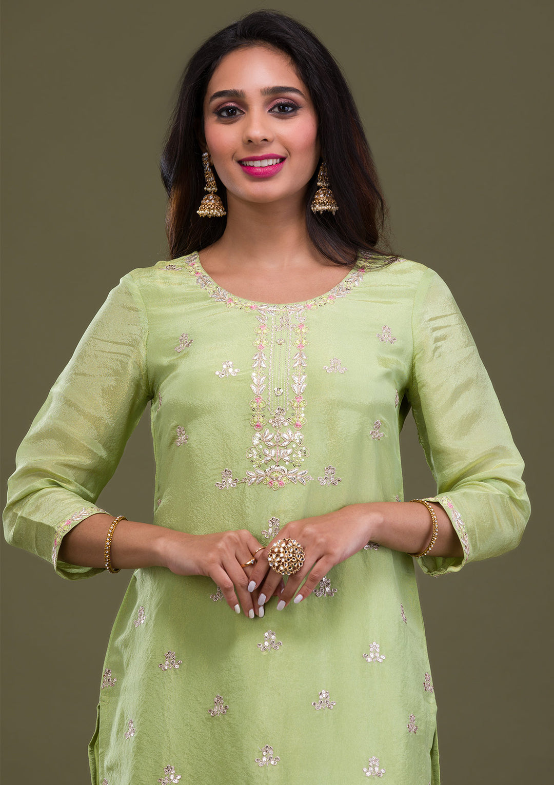 Green Zariwork Art Silk Readymade Salwar Suit