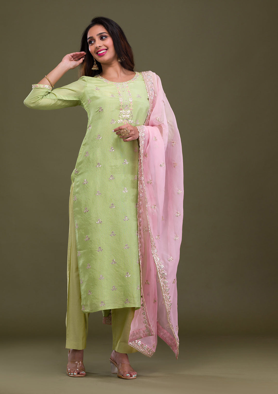 Green Zariwork Art Silk Readymade Salwar Suit