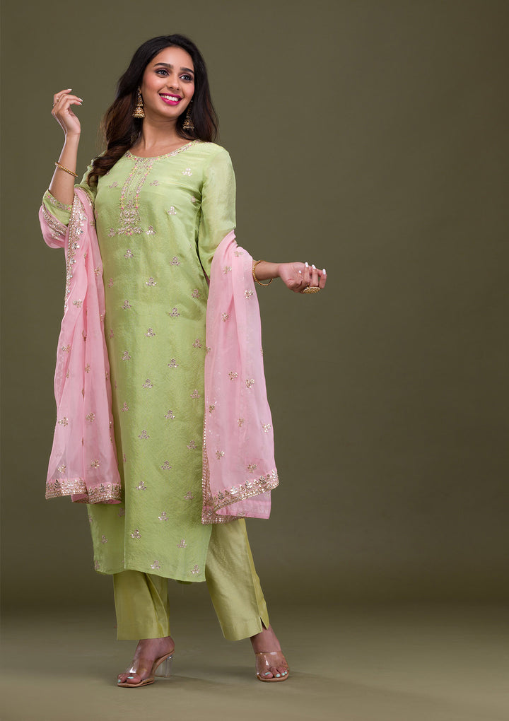 Green Zariwork Art Silk Readymade Salwar Suit