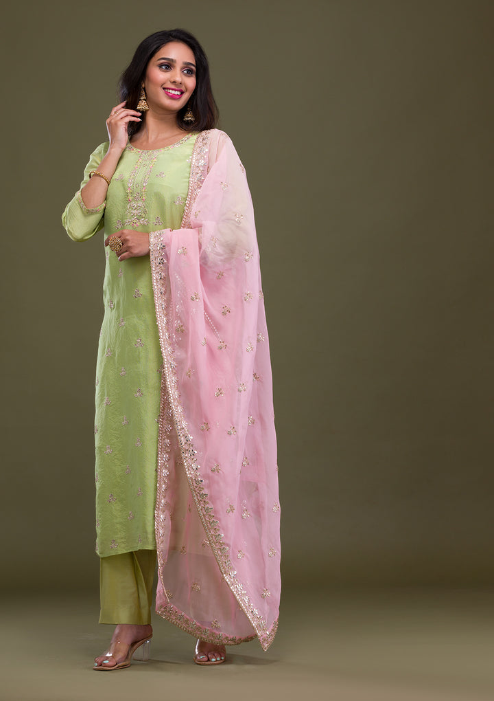 Green Zariwork Art Silk Readymade Salwar Suit