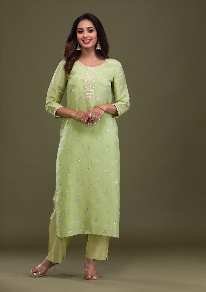 Green Zariwork Art Silk Readymade Salwar Suit