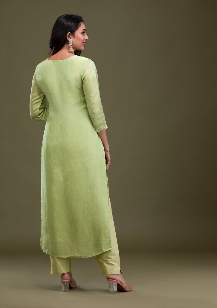 Green Zariwork Art Silk Readymade Salwar Suit