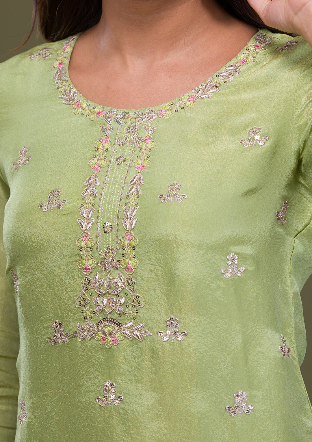 Green Zariwork Art Silk Readymade Salwar Suit