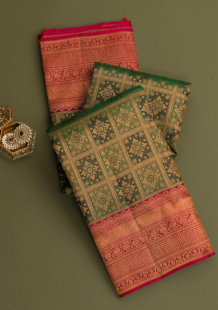 Green Gold Zariwork Pure Silk Saree-Koskii