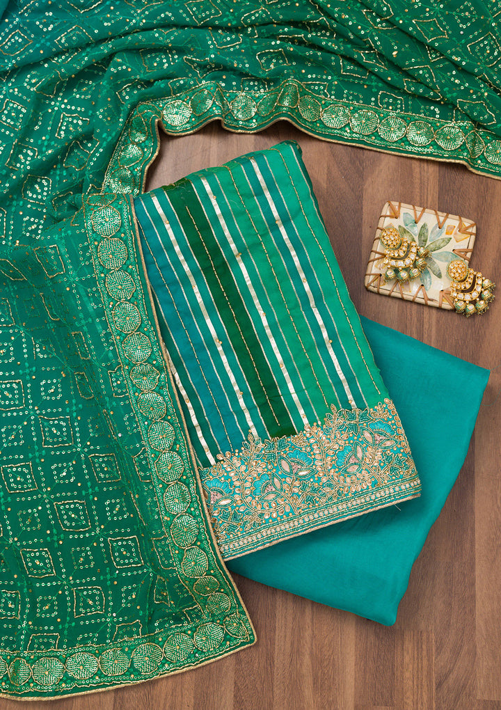 Green Zariwork Semi Crepe Unstitched Salwar Suit