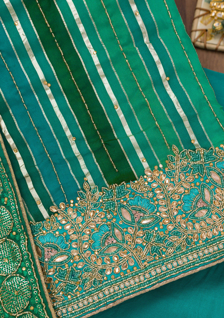 Green Zariwork Semi Crepe Unstitched Salwar Suit