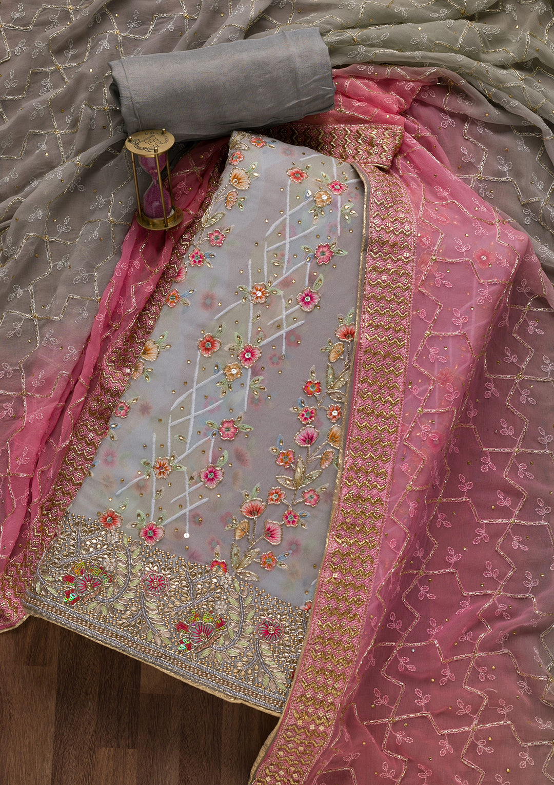 Grey Cutdana Georgette Unstitched Salwar Suit