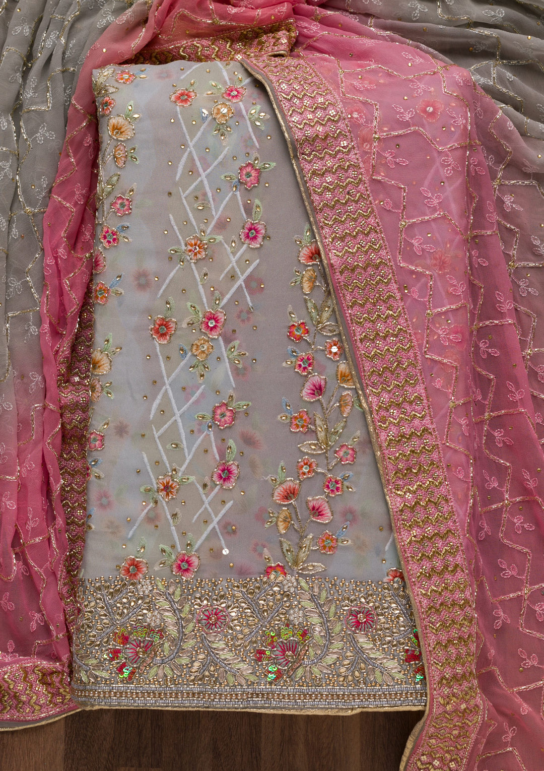 Grey Cutdana Georgette Unstitched Salwar Suit