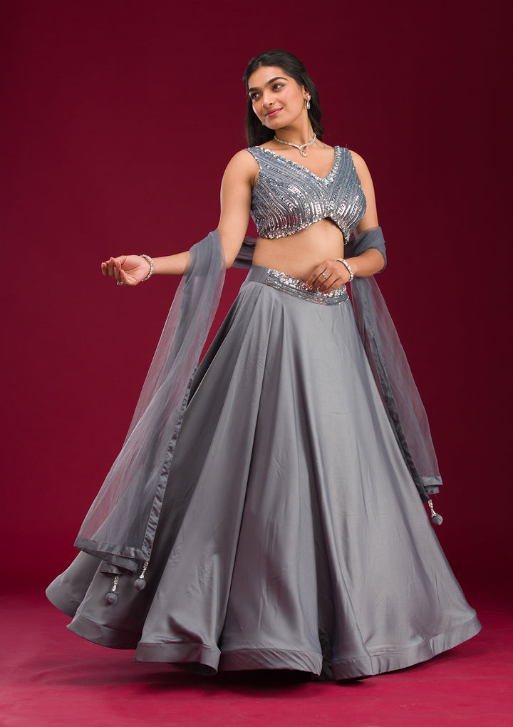 Grey Cutdana Lycra Readymade Lehenga